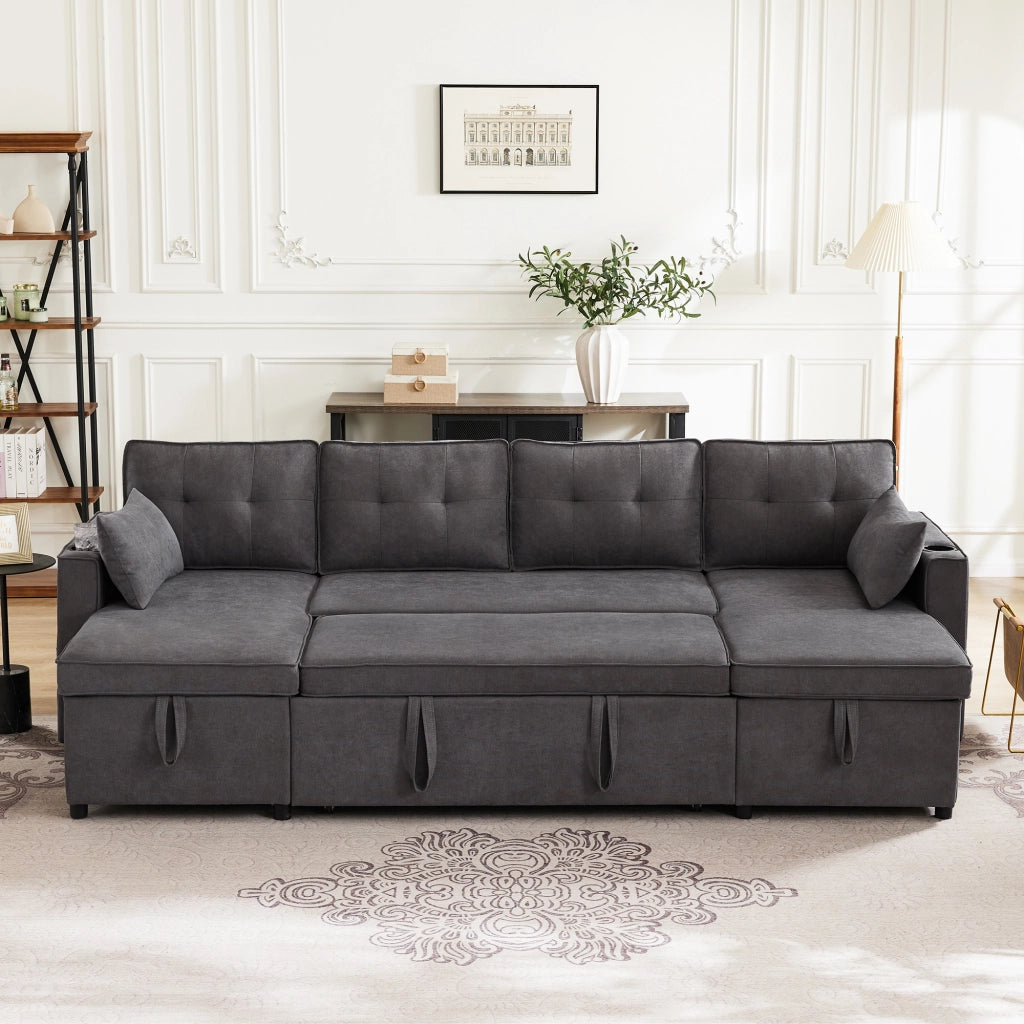 Divano letto U, trasformabile, in tessuto cotone e lino, con contenitori laterali, portabicchieri e 2 cuscini, grigio