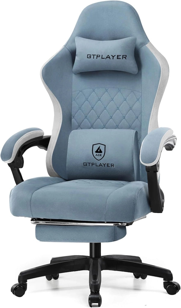 Sedia da gaming, ergonomica, da scrivania, con superficie in tessuto, cuscino a molla, braccioli di collegamento e poggiapiedi, Verde