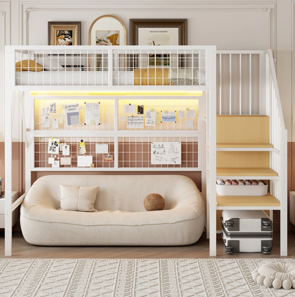 Letto a soppalco in metallo 90x200 con scala contenitore e LED smart