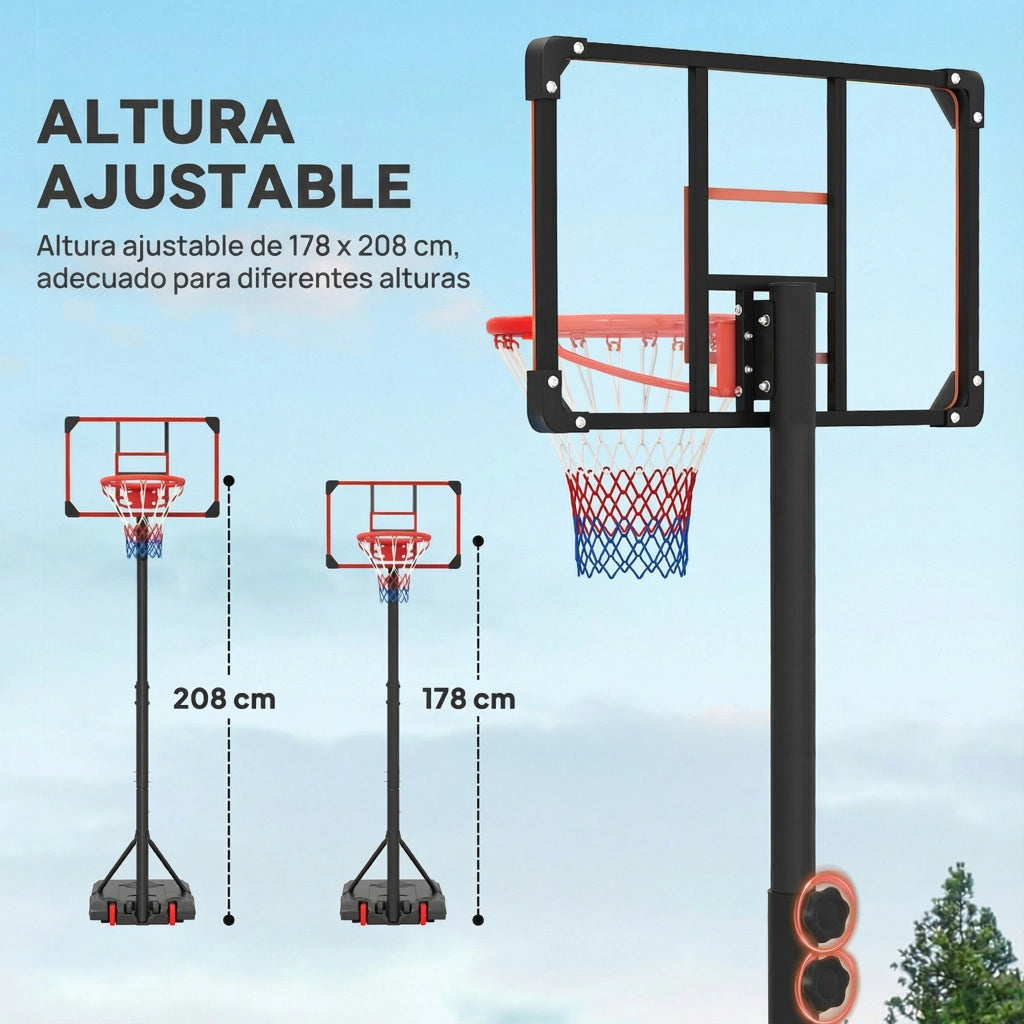 Canestro da Basket Regolabile in Altezza con Ruote e Base Riempibile ¨C Zephmum ¨C Rosso e Nero 178-208 cm
