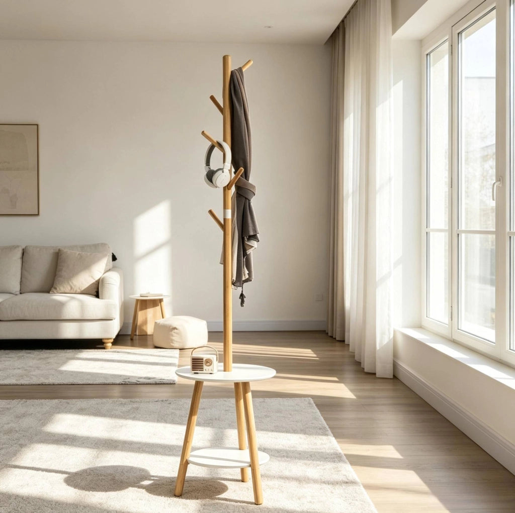 Appendiabiti 39.5x39.5x171 cm con 5 ganci e ripiano rotondo in bambù; bianco