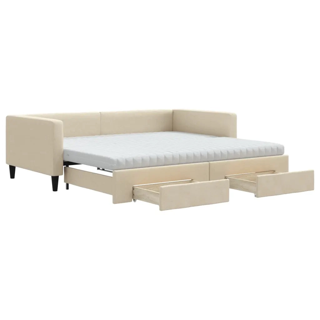 Divano Letto Estraibile con Cassetti Crema 100x200cm in Tessuto
