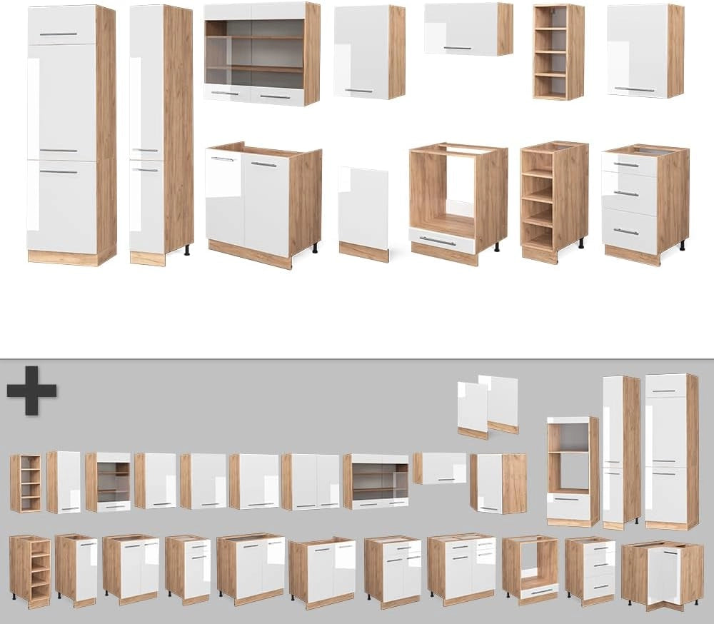 Cucina componibile Fame-Line, Bianco lucido/oro power oak, 355 cm senza piano di lavoro, adatto per l'espansione personalizzata con moduli aggiuntivi