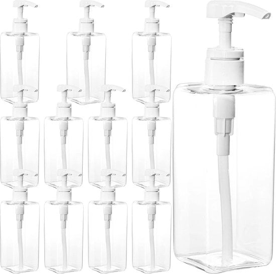 12 contenitori di plastica per pompe - 500 ml - contenitore vuoto e riutilizzabile per liquidi - sapone liquido - shampoo - lotion - per cucina e bagno - trasparente quadrato