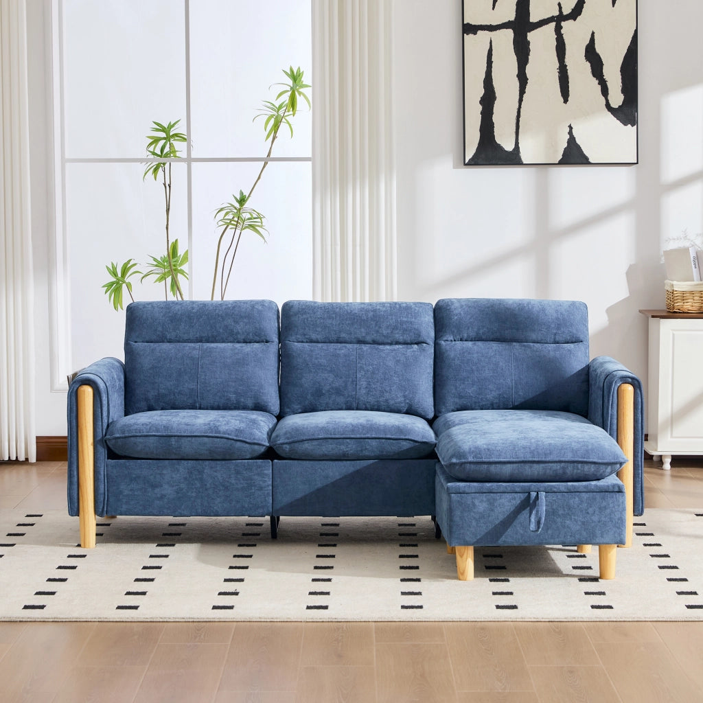 Divano angolare reversibile con vano contenitore e tasche laterali, in Chenille Blu