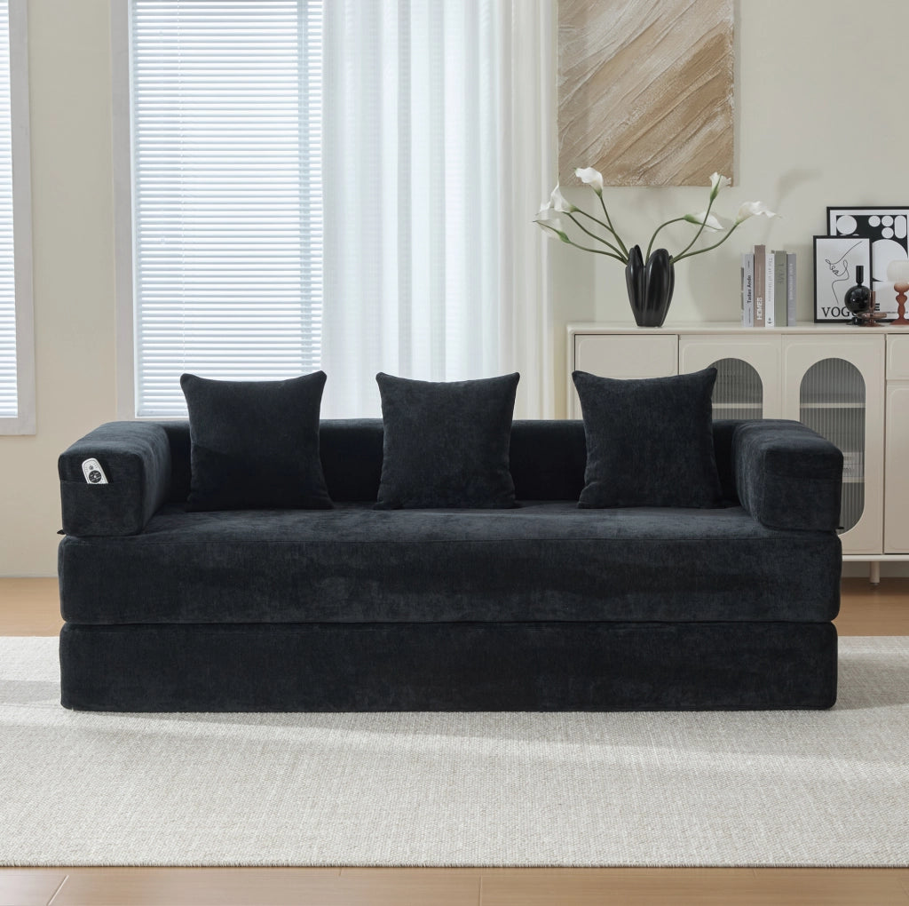 Divano modulare in ciniglia nero 198x79x60 cm
