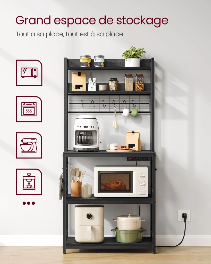 Mensola da cucina con multipresa supporto per microonde ripiano portaoggetti con pannello in rete metallica 14 ganci 40 x 80 x 170 cm nero 12_0005669