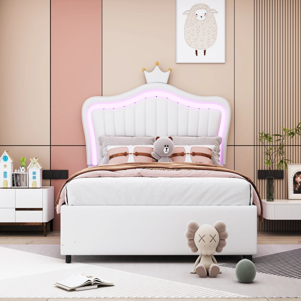 OKWISH Letto Bambino 90×200 cm, Letto Singolo con 2 Cassetti, LED Regolabile e Testiera Regolabile, senza Materasso, PU Bianco