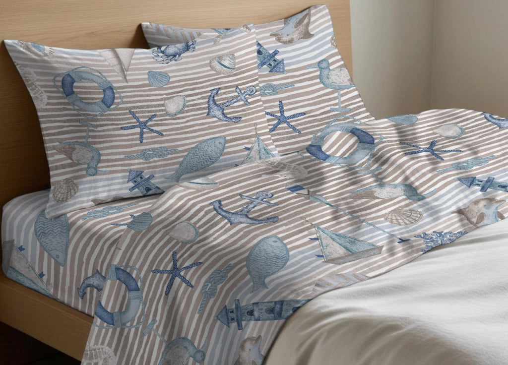 Completo Lenzuola Letto In 100% Cotone Made Italy Disegno Mare - Maxi - Beige