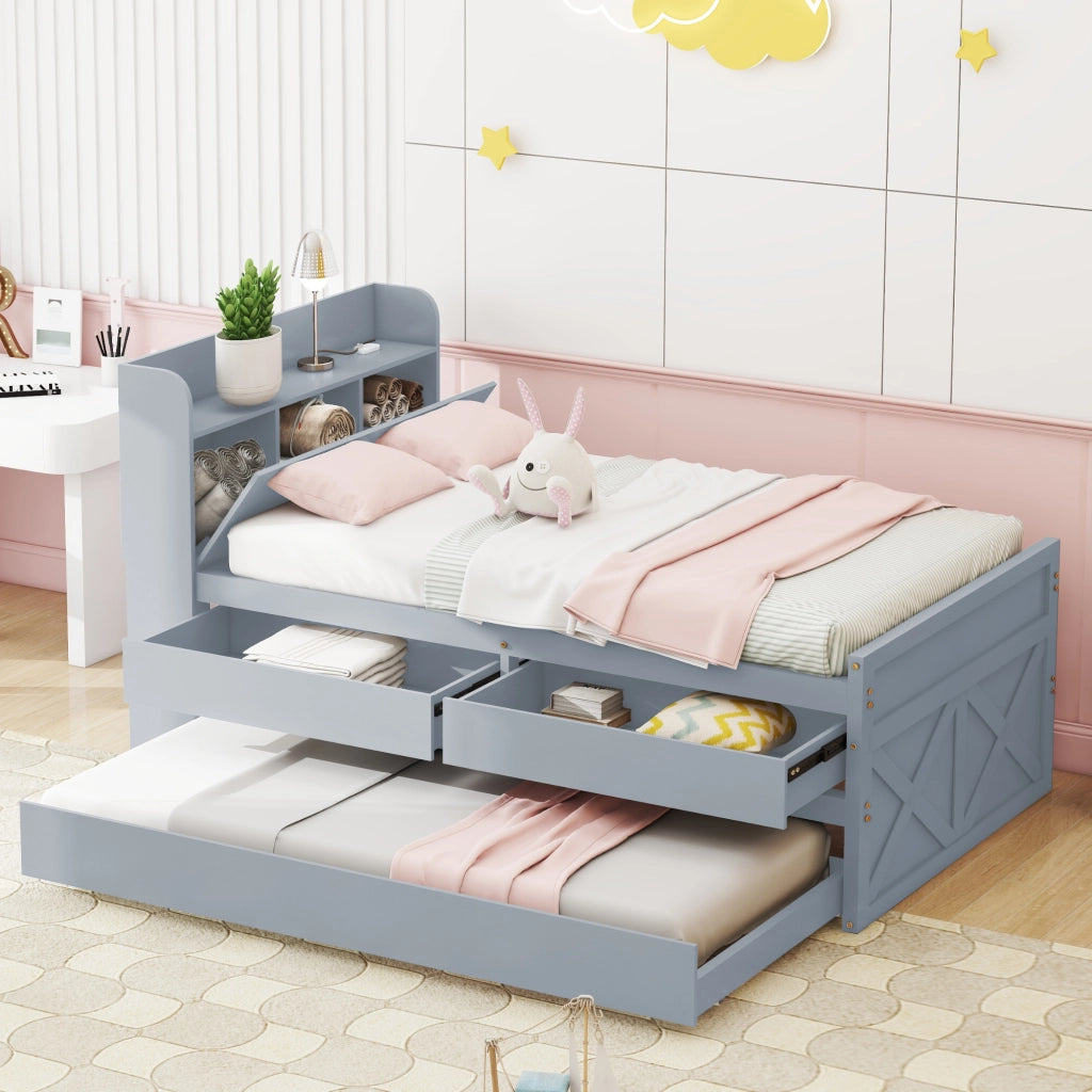 OKWISH Letto estraibile 90×190 cm, Letto Singolo con 2 Cassetti, USB e Comodino con Ripiano, senza Materasso, in Legno Massello, Grigio