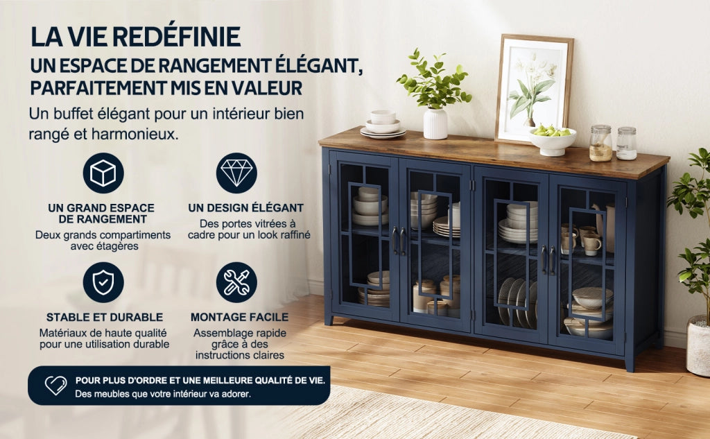 Credenza da cucina 160 cm con ante in vetro, ripiani interni e piano effetto legno, blu