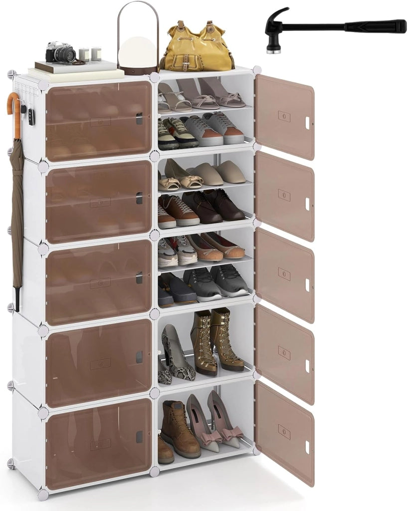 Scarpiera in Plastica a 8/10 Ripiani, Scaffale Componibile per 32/40Paia di Scarpe, Armadietto per Scarpe Salvaspazio con Pannelli Rimovibili e Porte Trasparenti (8 quadrati)