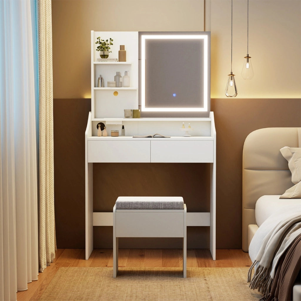 Tavolo toeletta con sgabello contenitore set toeletta con specchio e luci-Tavolo toeletta stazione di ricarica 3 colori di luce Bianco