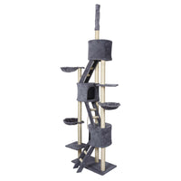 Albero tiragraffi grigio chiaro al soffitto con sisal 233-270 cm con amaca e casette per gatti