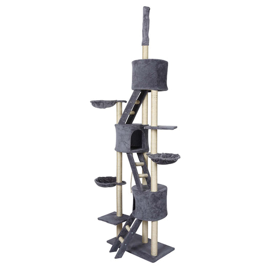 Albero tiragraffi grigio chiaro al soffitto con sisal 233-270 cm con amaca e casette per gatti