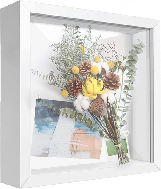Fotolijst 3D, 20 x 20 cm, profilo profondo per oggetti fino a 3 cm, cornice per oggetti da riempire, forma quadrata per parete o scrivania (bianco, 20 x 20 cm)
