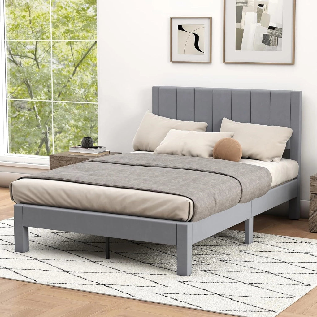 Struttura Letto Imbottito Matrimoniale 140x200 cm, Letto Piattaforma Imbottito, con Testiera in Morbido Tessuto di Velluto e Supporto a Doghe di Legno, Silenzioso, Carico 250kg (Stile 2)