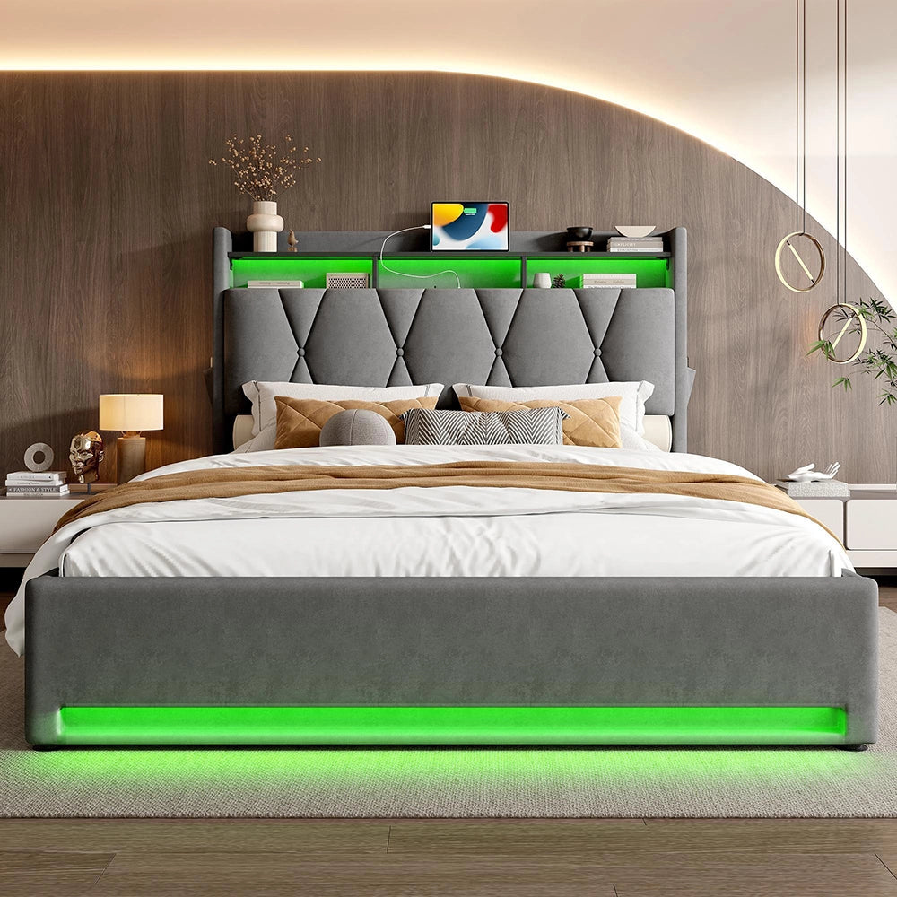 Letto 160x200cm imbottito - Xylo - grigio USB-C idraulico LED