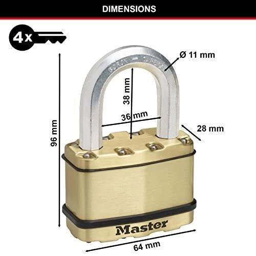 Master Lock M15BEURDLF Lucchetto in Acciaio Laminato 64 mm con Archetto in Carburo di Boro 11 mm 4 Chiavi colore Ottone