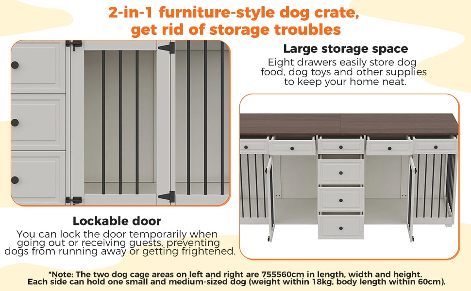 Mobiliario per cani da interno con 8 cassetti, struttura in MDF e metallo, 200 x 60 x 85 cm, bianco e piano noce