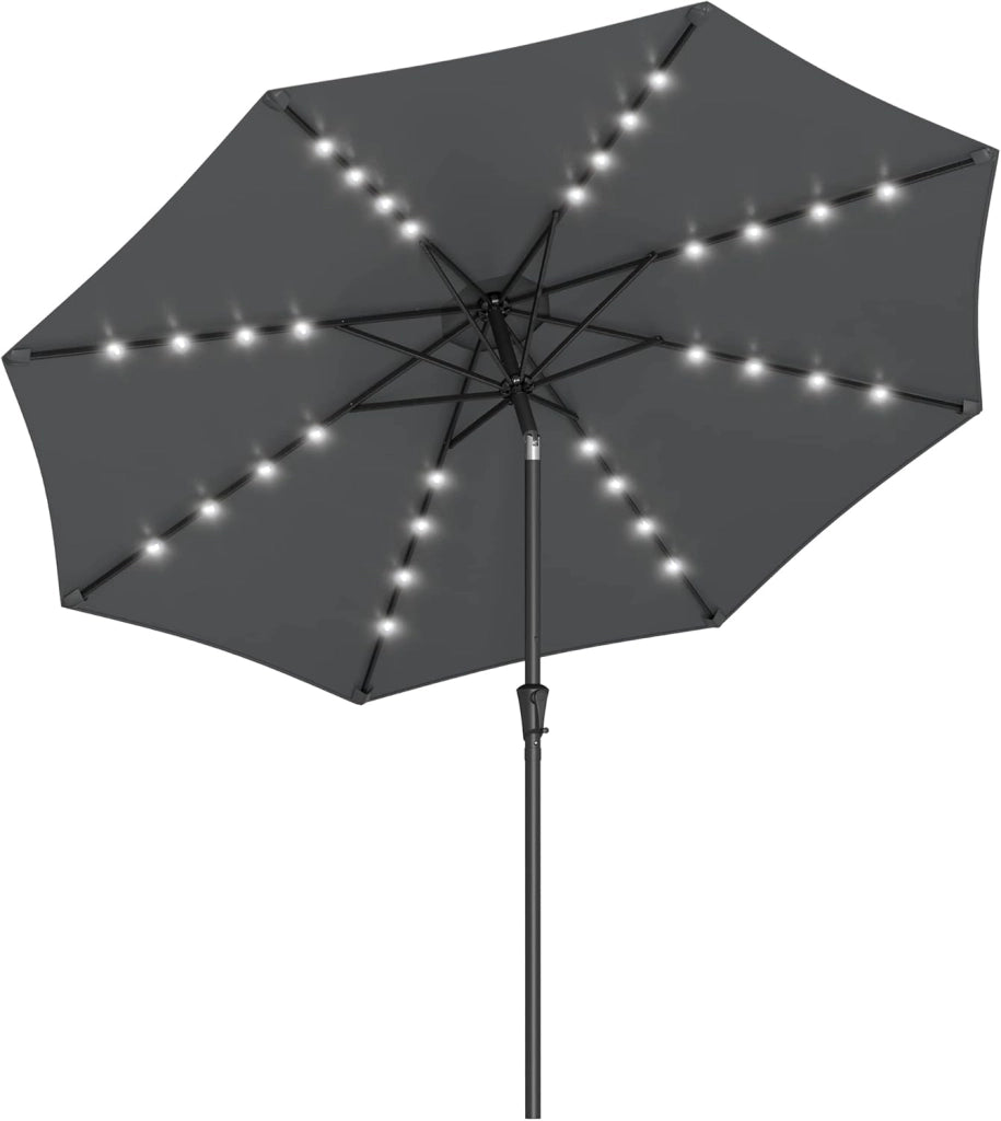 SONGMICS Ombrellone da Giardino 300 cm con 32 Luci a LED a Energia Solare, UPF 50+, Inclinazione Bidirezionale a 30°, Esterno Terrazzo Piscina Balcone, Senza Base, Tortora GPU33BR