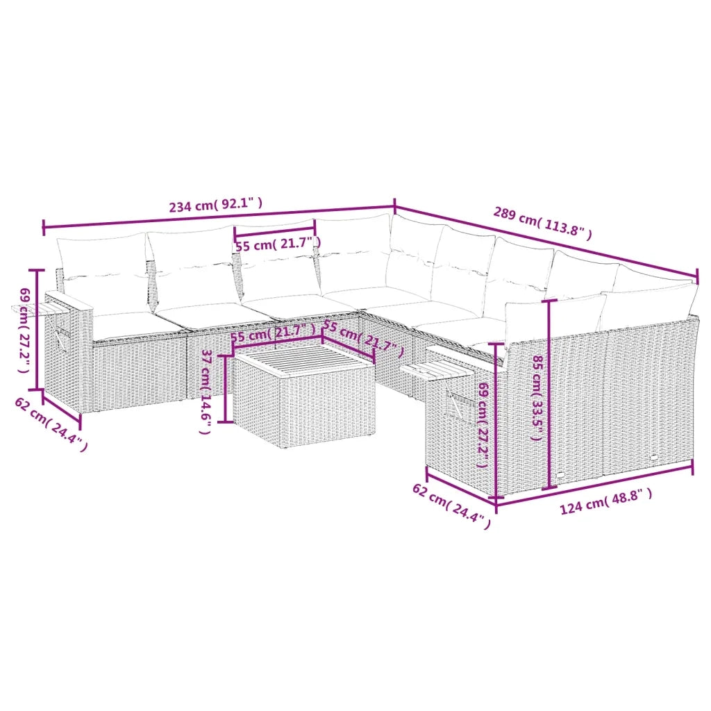 Set Divano da Giardino 9 pz con Cuscini Grigio in Polyrattan