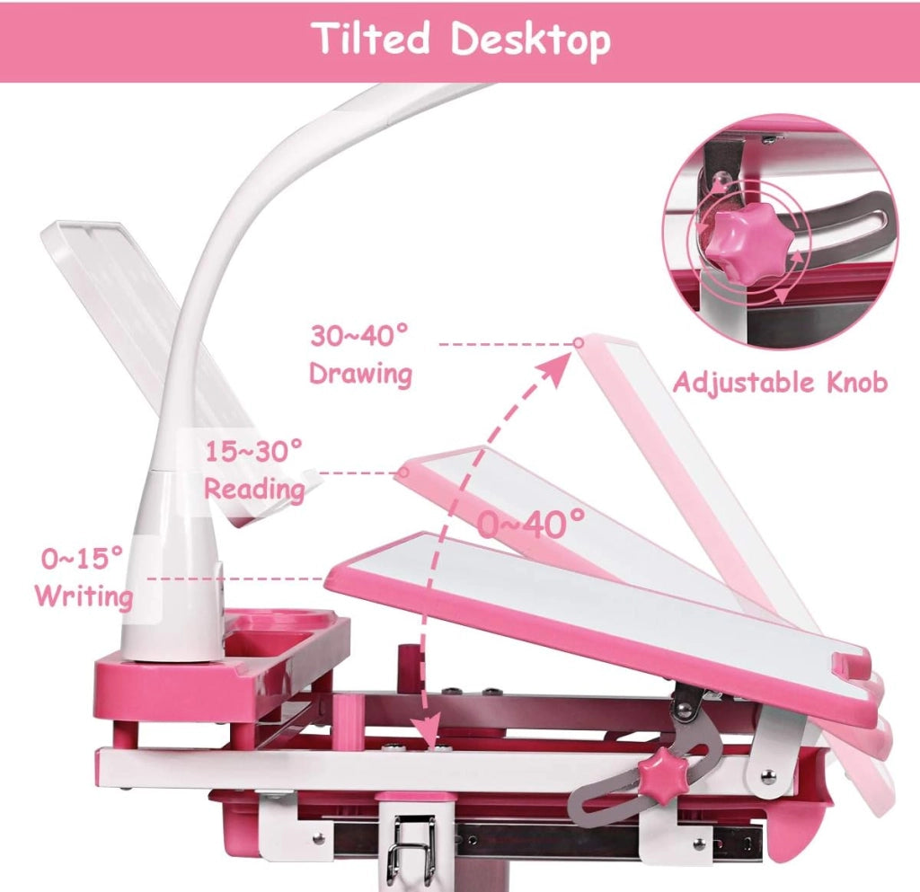 Set Scrivania e Sedia per Bambini 3-12 Anni, Altezza e Angolo Regolabile e Multifunzionale, Con Lampada di Protezione per gli Occhie Cornice per la Lettura (ROSA)