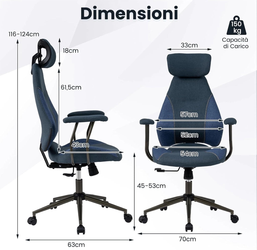 Sedia da Ufficio Ergonomica, Sedia da Scrivania in Tessuto di Lino con Poggiatesta 2D, Schienale Oscillante e Ruote, Poltrona da Lavoro Regolabile Girevole, Portata 150 kg (Blu)
