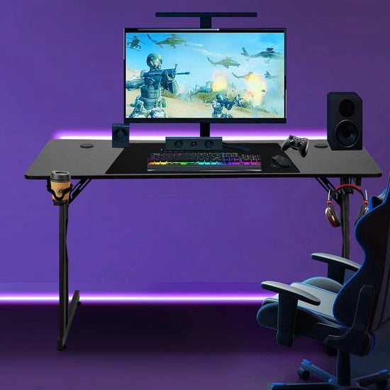 Bureau da Gioco 140x60x75cm - Scrivania da Gioco con Supporto per Mouse ( 72x56cm ) - Scrivania da Gioco - Nero - Tavolo da Gioco con Supporto per Casco, Porta Bicchieri & Tunnel per Cavi - Scrivania da Gioco a "Z" con Design Ergonomico