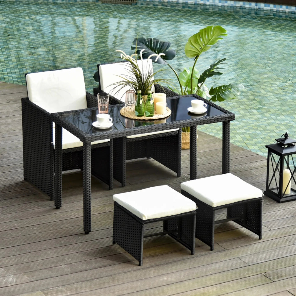 Set salotto da giardino 11 pezzi in polyrattan nero con cuscini e tavolo in vetro