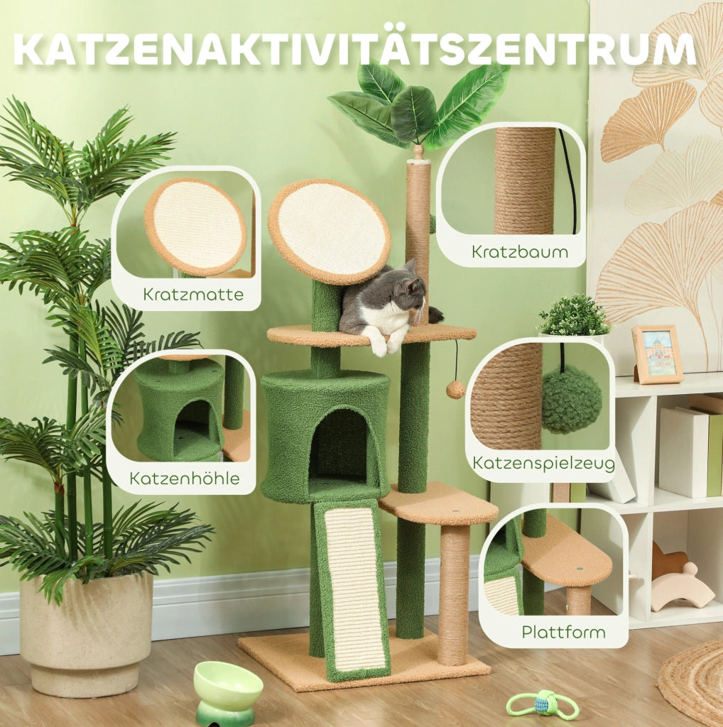 Tiragraffi verde ad albero 139 cm con cuccia, rampe e giochi