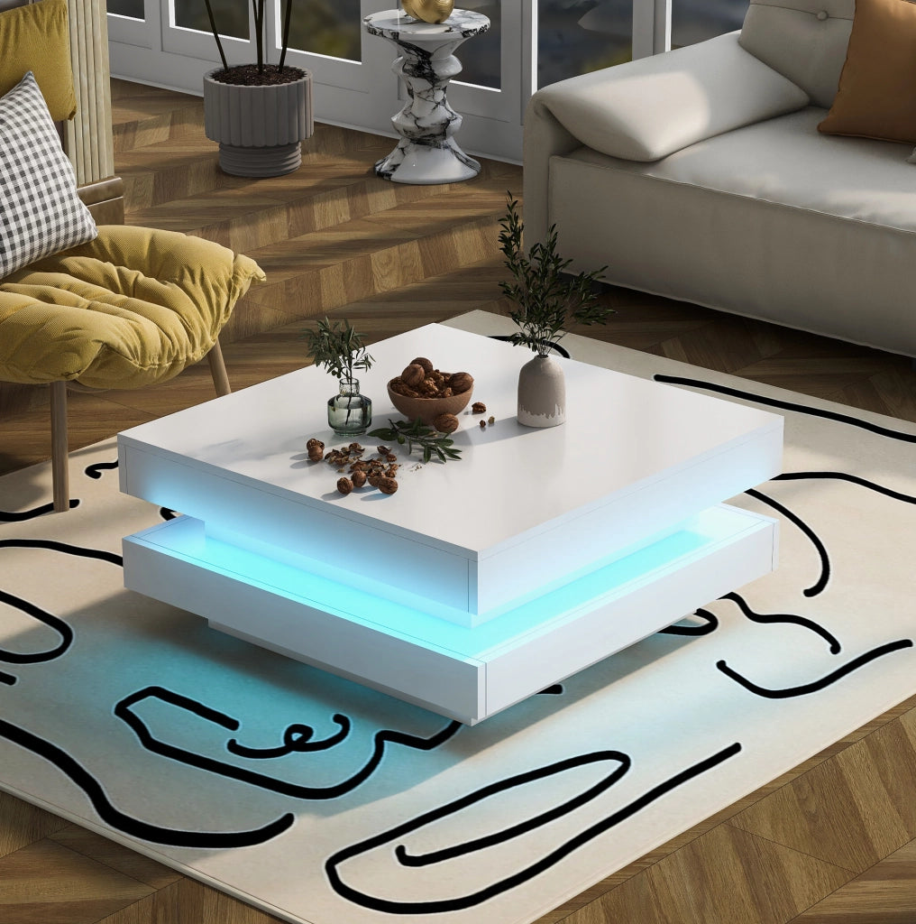 Tavolino da caffè quadrato bianco con illuminazione LED Bluetooth e design moderno