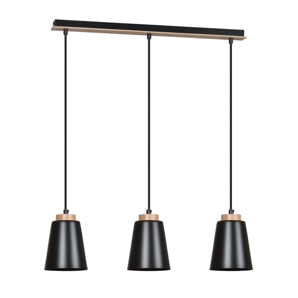 Lampada a sospensione BOLERO 3 in acciaio nero opaco e legno
