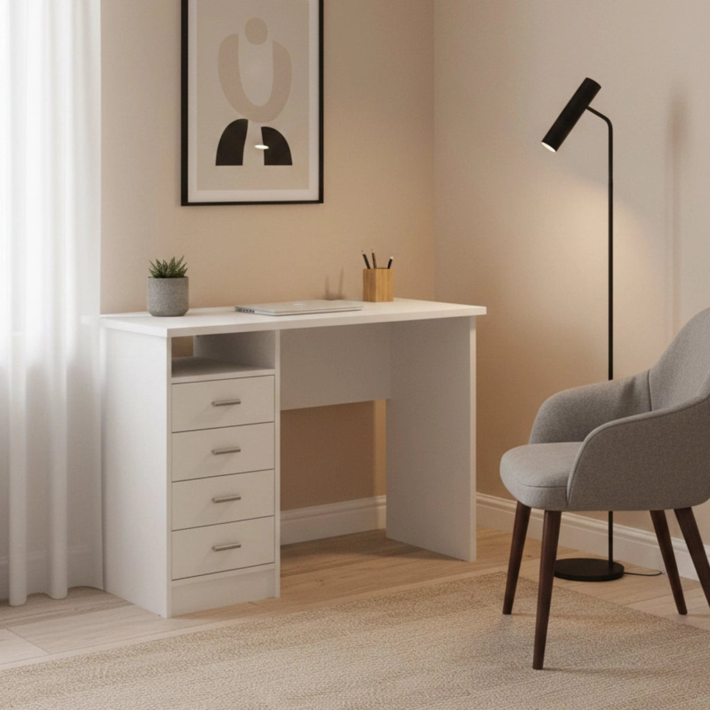 Scrivania lineare con quattro Appollo, colore bianco, Misure 110 x 76 x 48 cm