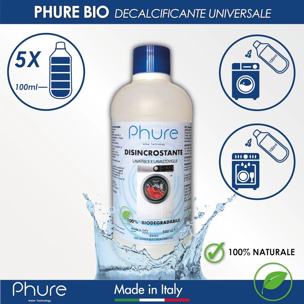 PHURE BIO DECALK Cura Lavatrice, Disincrostante, Decalcificante, Sgrassante e detergente universale per lavastoviglie e lavatrice naturale e biocompatibile 500ml