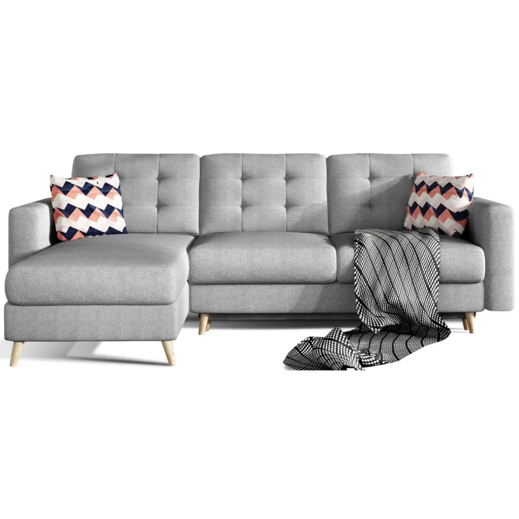 Divano ad angolo convertibile HASGARD 3 posti grigio 248x162 cm - con contenitore e piedi in legno