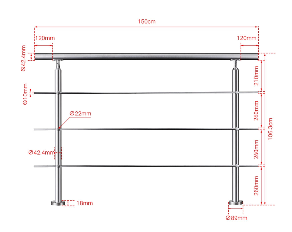 Ringhiera Balaustra Corrimano in acciaio inox 304 spazzolato 150x106cm per interni ed esterni 3 barre trasversali
