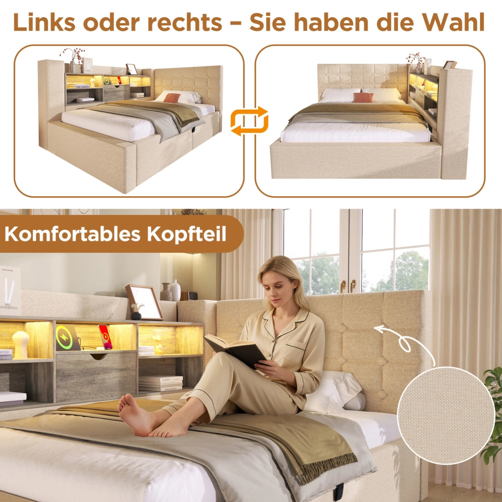 Letto imbottito 140x200 cm con LED, ricarica e contenitore