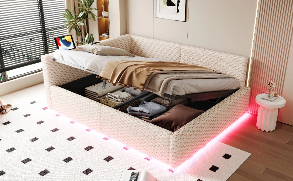 Letto divano 140 × 200 cm con contenitore idraulico, LED, 2 USB e Type-C, senza materasso, in velluto beige