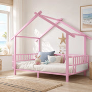 Letto per bambini in metallo a forma di casa 90 x 200 cm, con sbarre di sicurezza, design a tetto, rosa