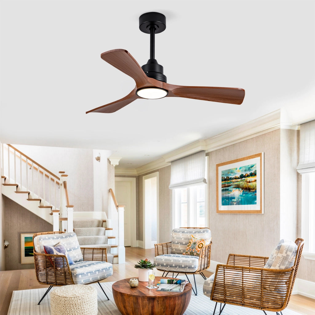 Ventilatore da soffitto 42 pollici con luce e telecomando, dimmerabile, design moderno color noce, motore DC silenzioso, per terrazze e uffici