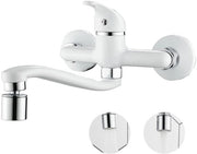 Wandmontata cucina con rubinetto, miscelatore cucina con 2 posizioni getto, miscelatore cucina con un maniglione, 360° girevole, lunga versione per cucina, ottone (bianco)