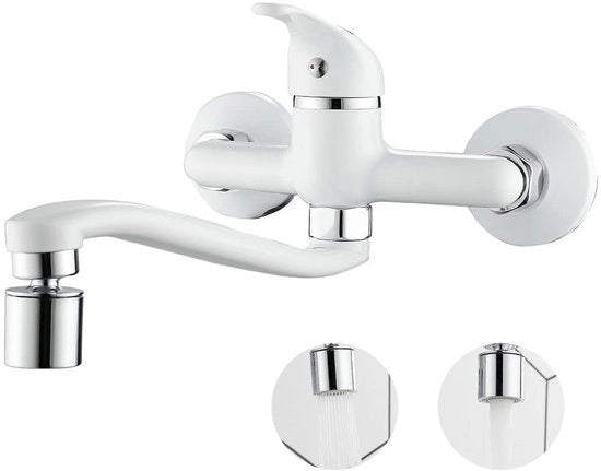 Wandmontata cucina con rubinetto, miscelatore cucina con 2 posizioni getto, miscelatore cucina con un maniglione, 360° girevole, lunga versione per cucina, ottone (bianco)