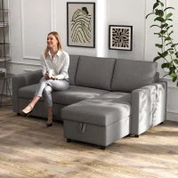 Divano Letto 3 Posti e Penisola con Contenitore, Rivestimento Tessuto Effetto Lino, 211.5x146x85cm