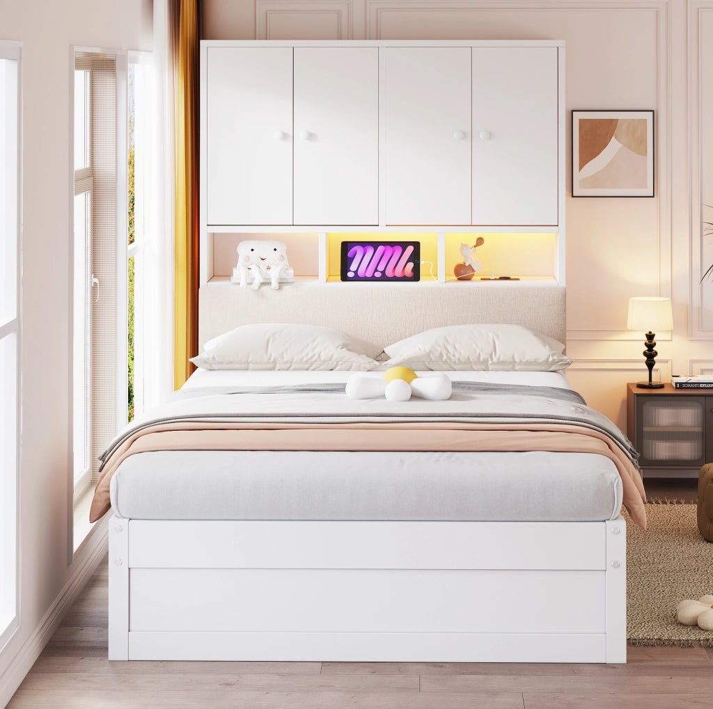 Letto singolo multifunzione 90x200 cm con LED e cassetti bianco