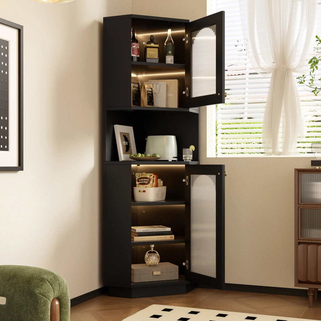 Armadio angolare da bagno 45x45x166，5 cm in MDF nero con luce