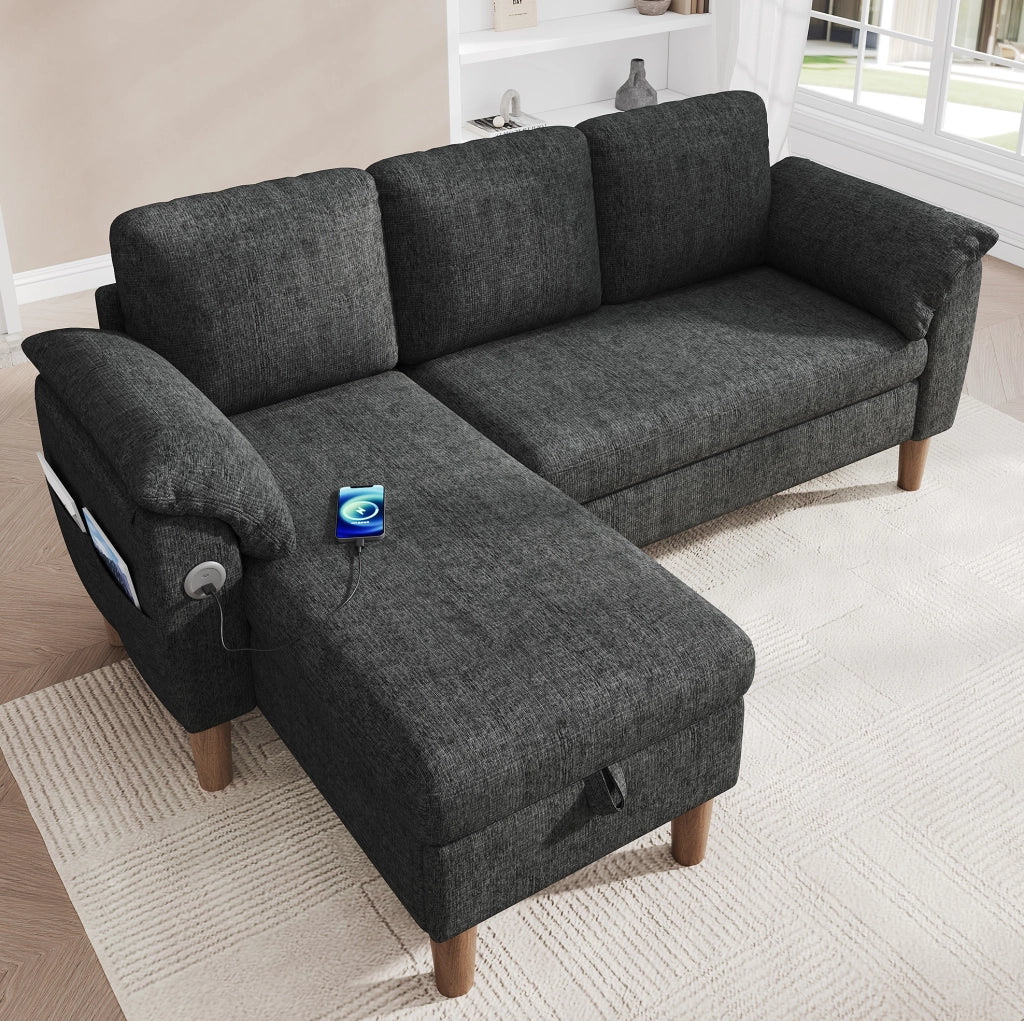 Divano angolare L 3 posti con chaise longue contenitore reversibile; USB e Type-C; grigio scuro