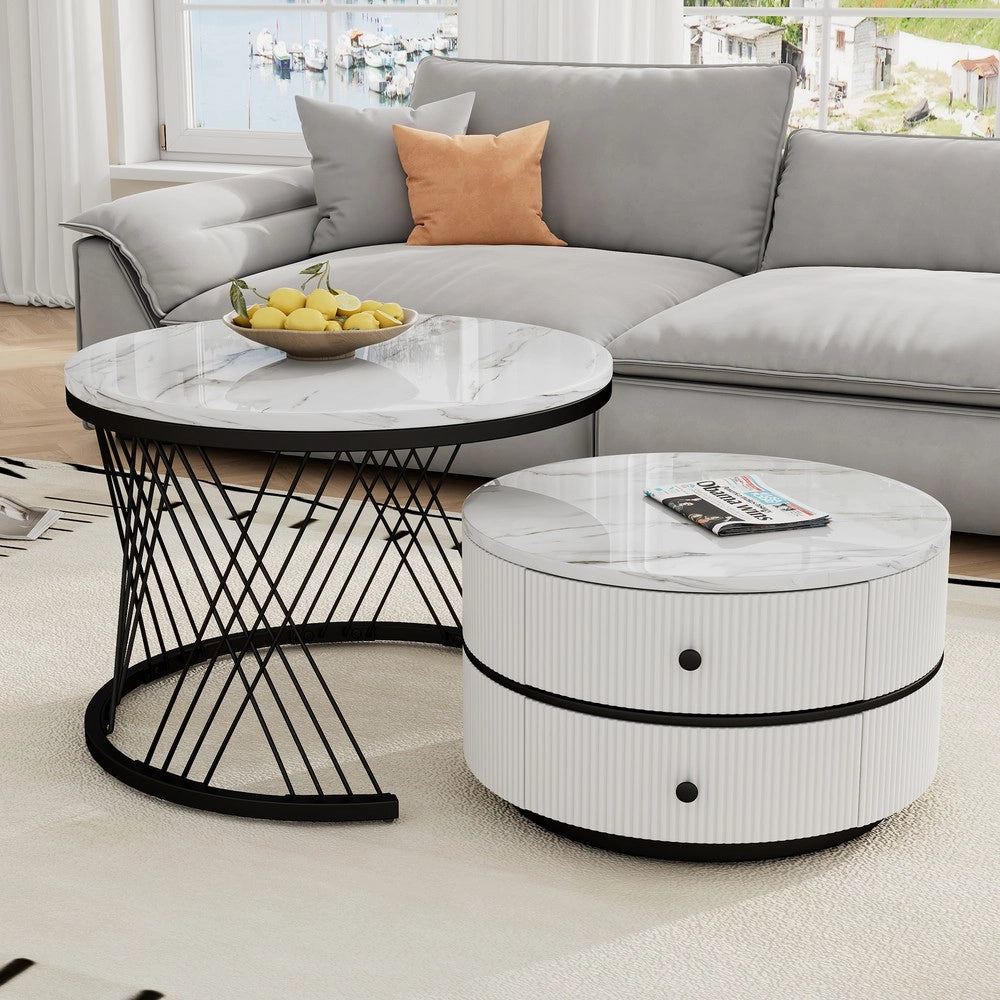 Set 2 Tavolini da Caff¨¨ Rotondi ¨C MINIMAL ¨C Bianco Lucido Effetto Marmo, 2 Cassetti, 60x60x46 e 50x50x31