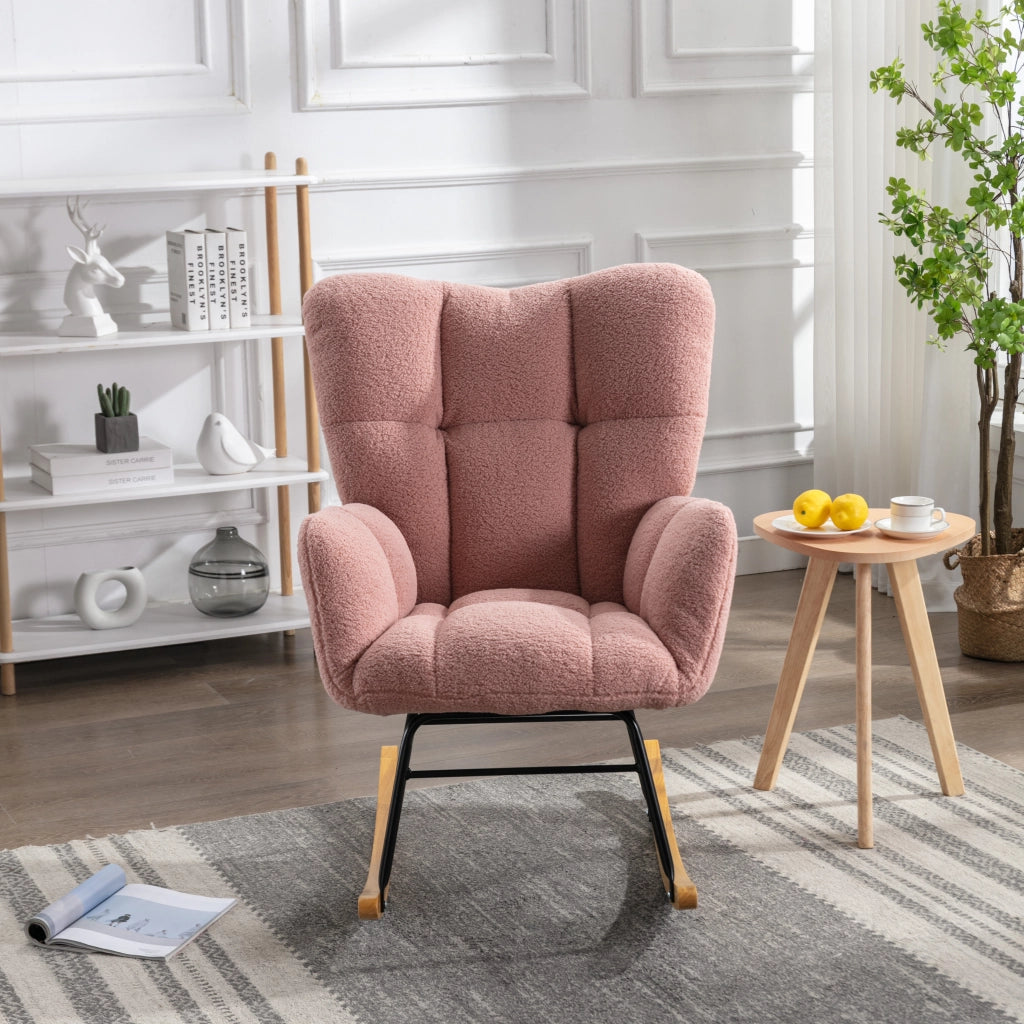 OKWISH Sedia a Dondolo, Schienale Alto Ergonomico e Braccioli Imbottiti, Base Silenziosa, Tessuto Teddy, Rosa