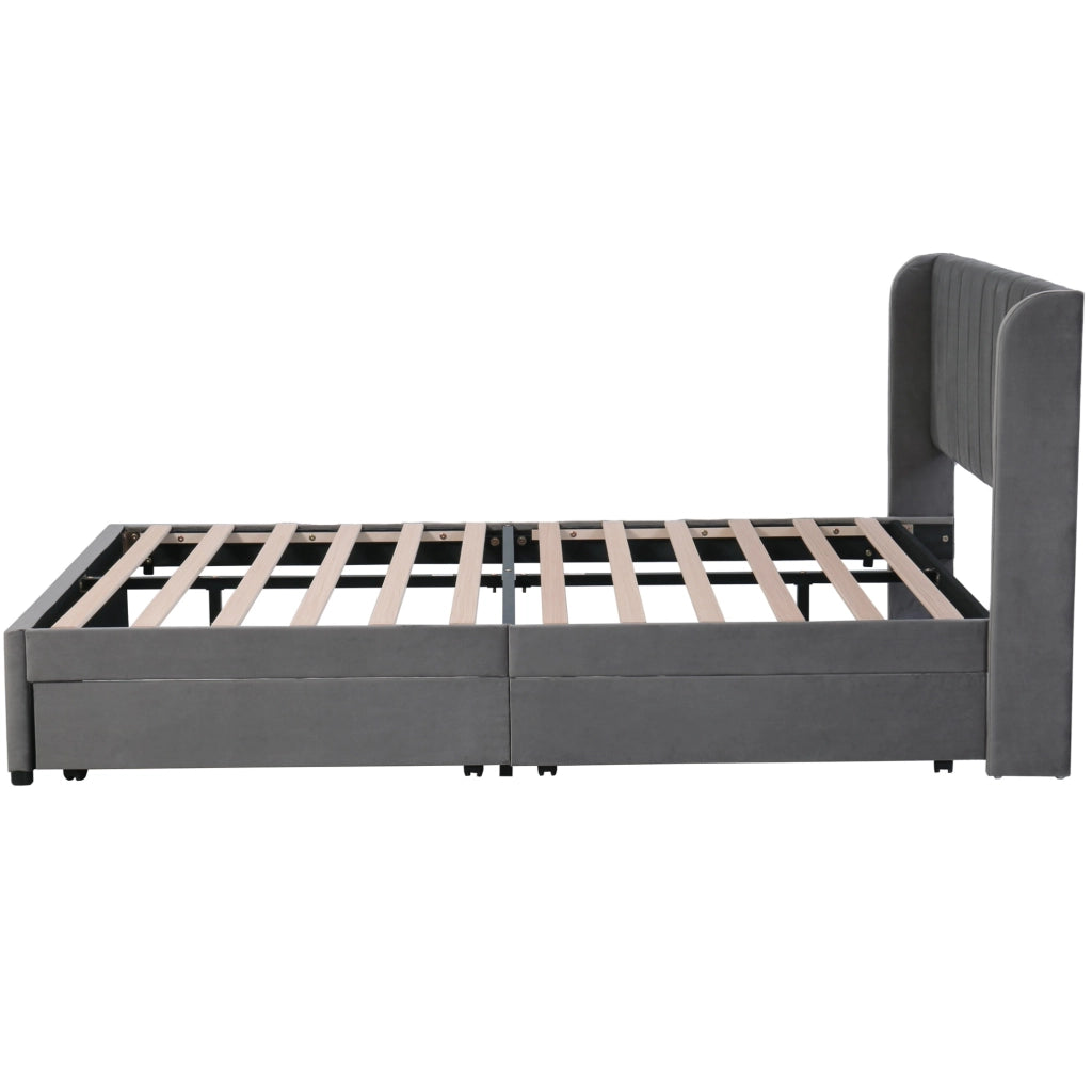 Letto imbottito in velluto 140 x 200 cm con rete a doghe e 2 cassetti